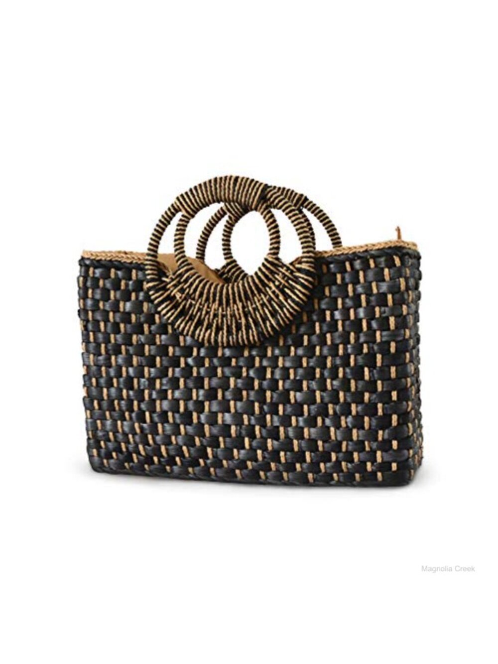 Handwoven Rattan Straw Tote Bag Zip Top Round Handle Boho Beach Handbag